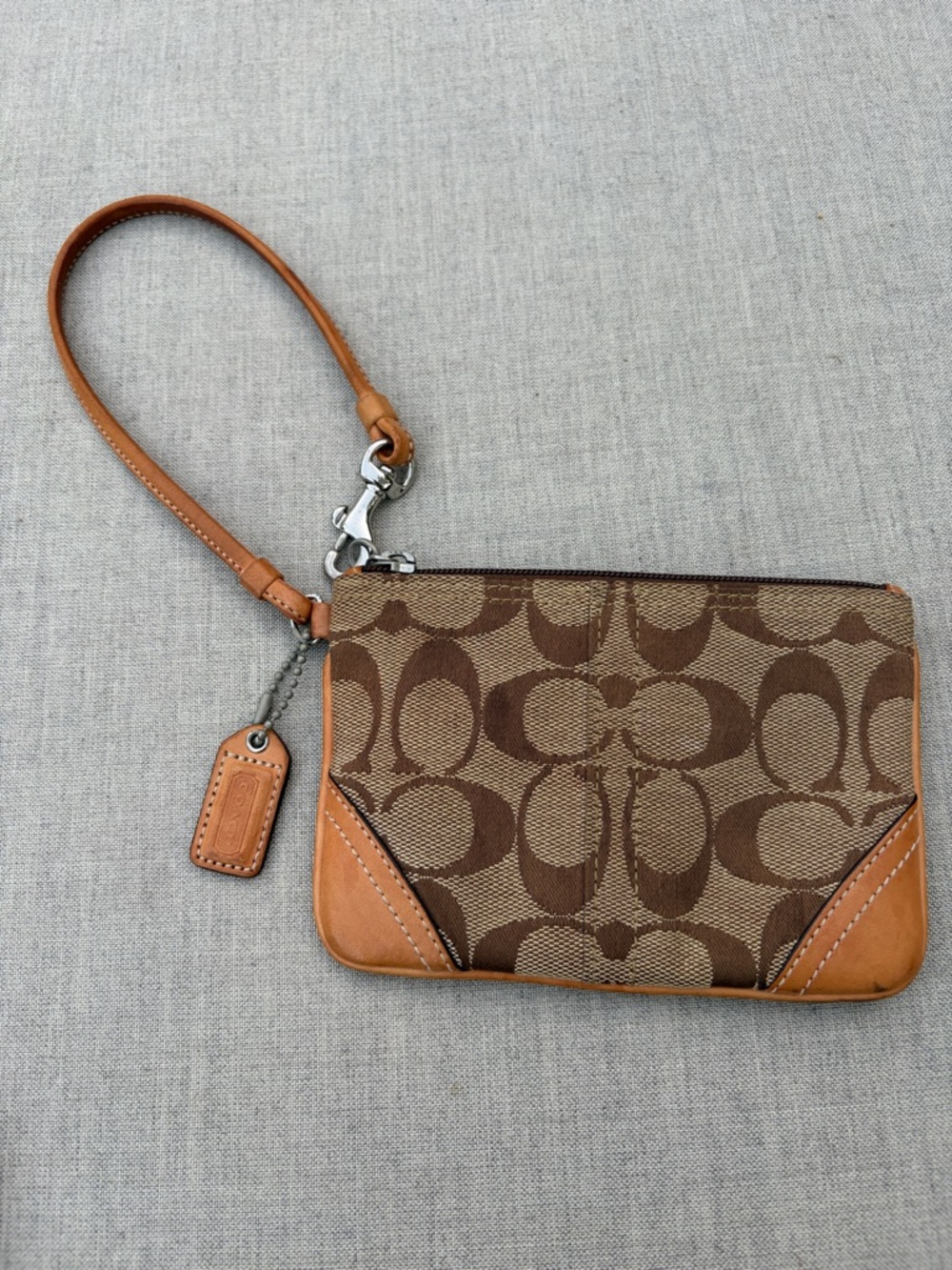 Coach Brown/Tan Signature Canvas Wristlet with Leather Trim
